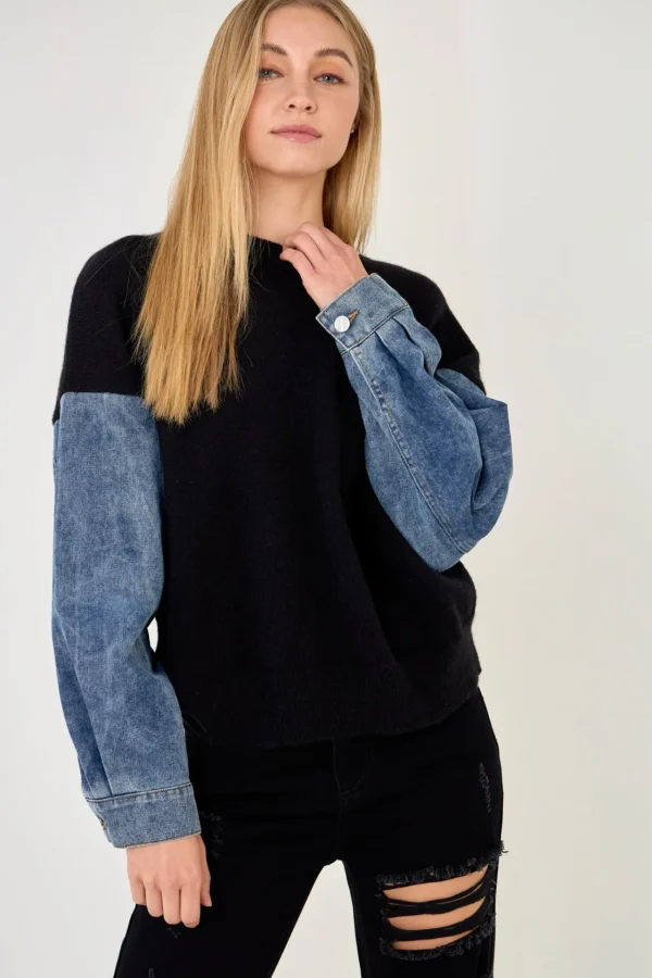 GREY LAB Sweaters & Knits*- Denim Combo Sleeve Sweater