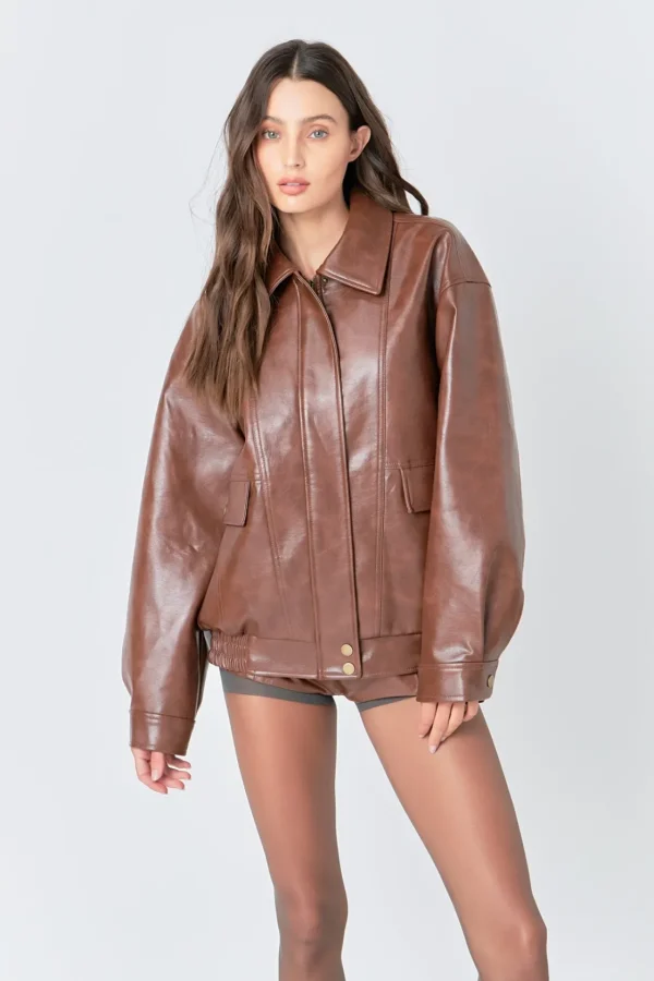 GREY LAB Jackets & Coats | Tops*- Faux Leather Collared Jacket BROWN