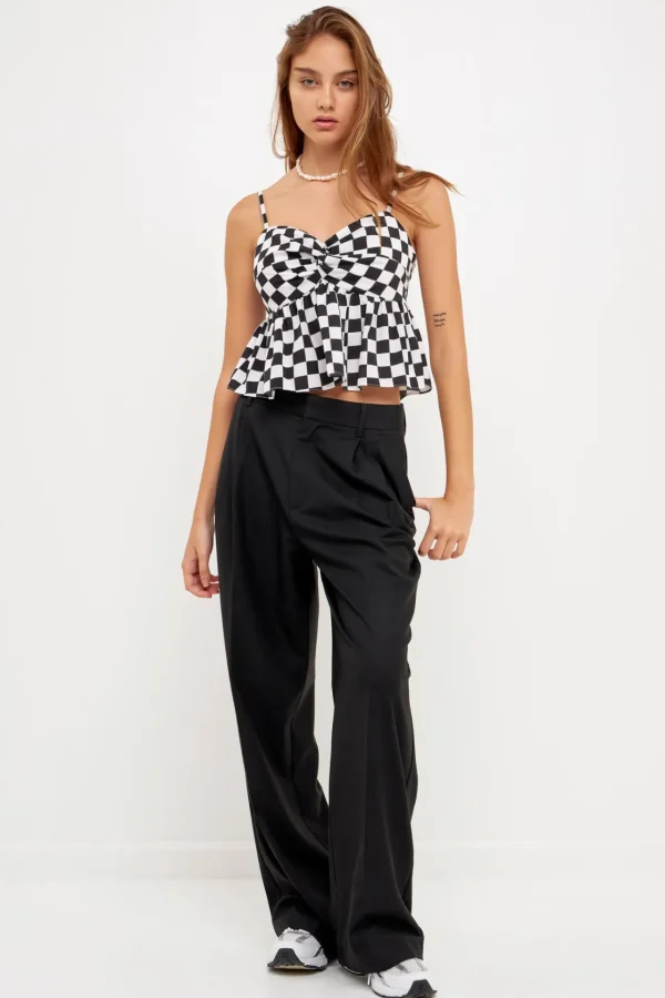 GREY LAB Tops*- Knotted Checker Print Top BLACK/WHITE