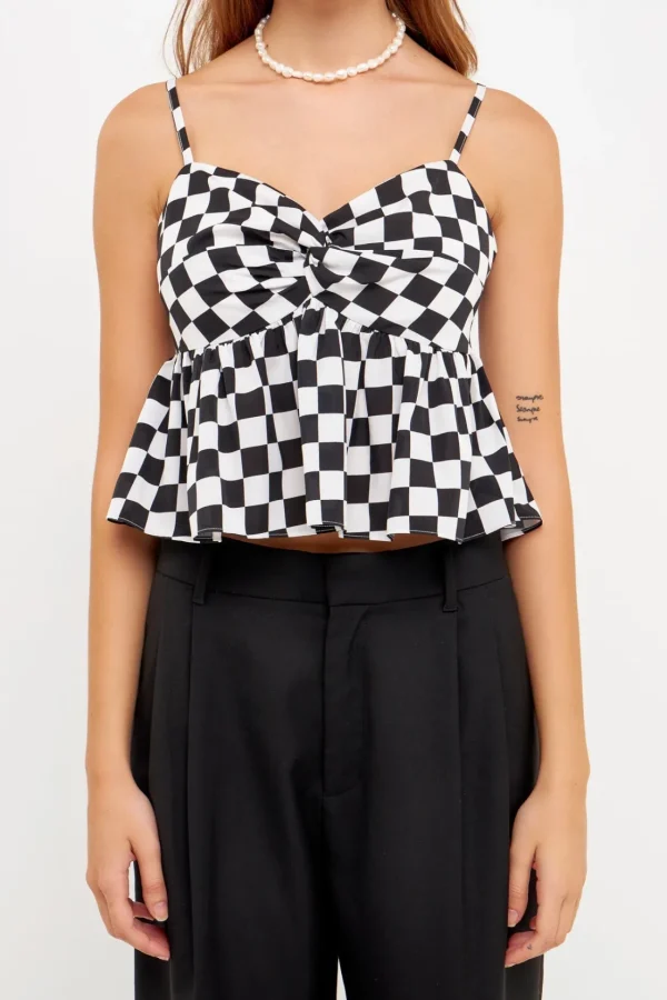 GREY LAB Tops*- Knotted Checker Print Top BLACK/WHITE