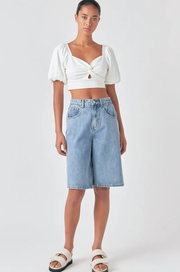 GREY LAB Tops*- Knotted Top with Short Puff Sleeves WHITE