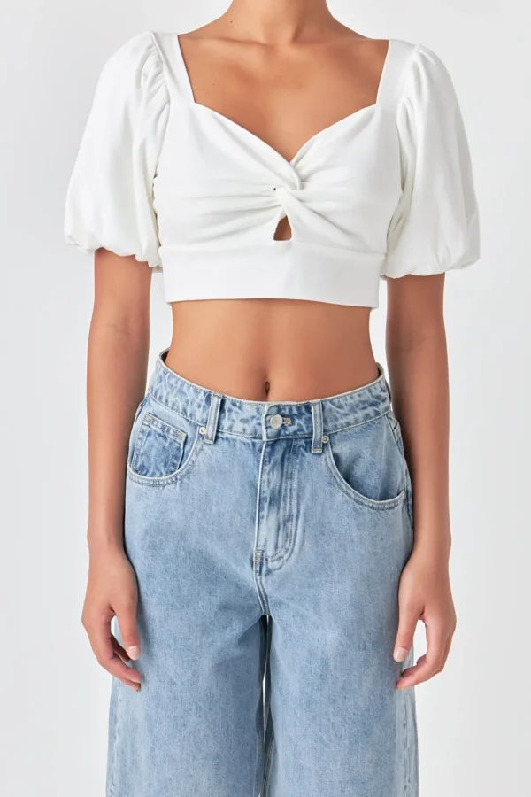 GREY LAB Tops*- Knotted Top with Short Puff Sleeves WHITE