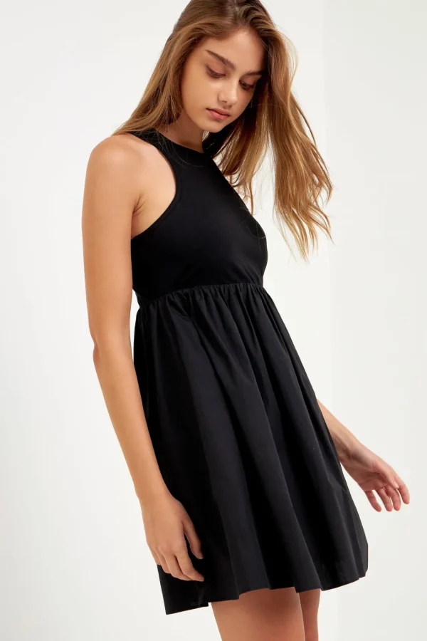 GREY LAB Knit Dresses | Little Black Dress*- Mixed Media Racerback Voluminous Mini BLACK