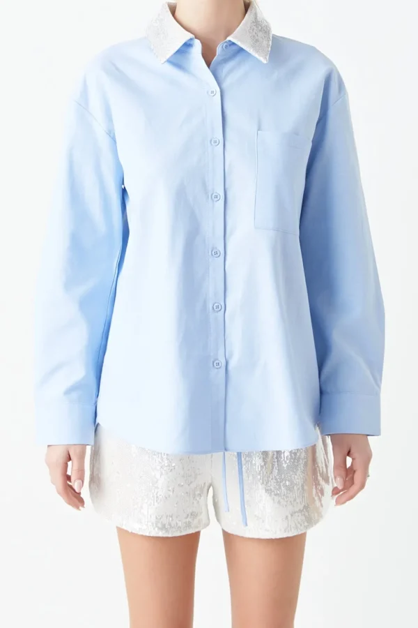 GREY LAB Shirts & Blouses | Tops*- Oversized Oxford Shirt with Sequin Collar BLUEMULTI