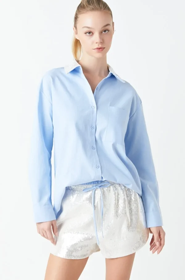 GREY LAB Shirts & Blouses | Tops*- Oversized Oxford Shirt with Sequin Collar BLUEMULTI
