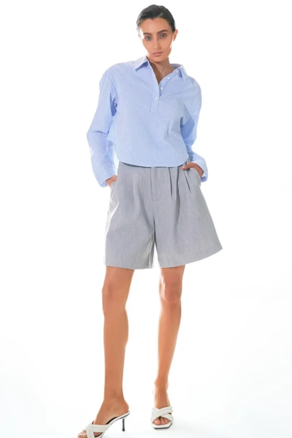 GREY LAB Shirts & Blouses | Tops*- Pinstripe Cropped Collared Shirt BLUE