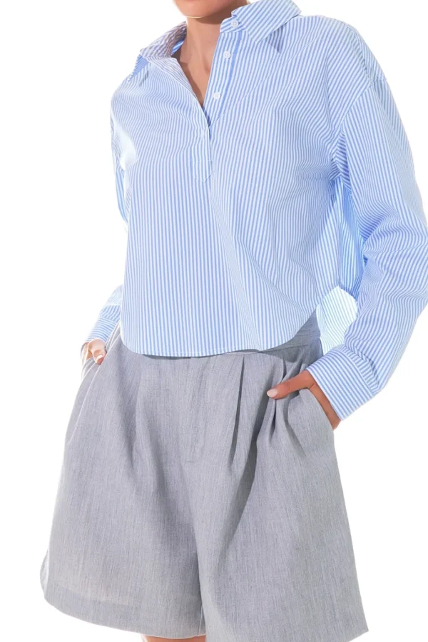 GREY LAB Shirts & Blouses | Tops*- Pinstripe Cropped Collared Shirt BLUE