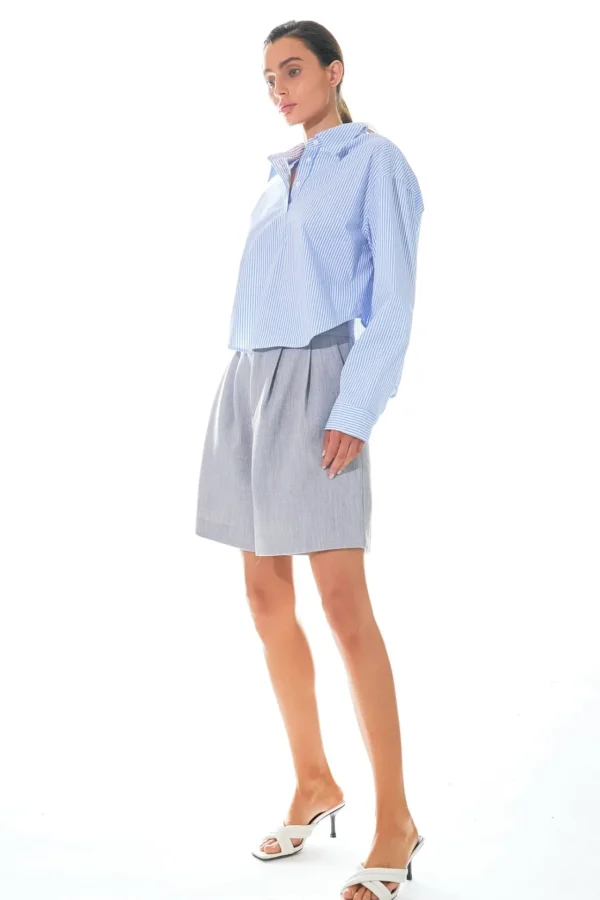 GREY LAB Shirts & Blouses | Tops*- Pinstripe Cropped Collared Shirt BLUE