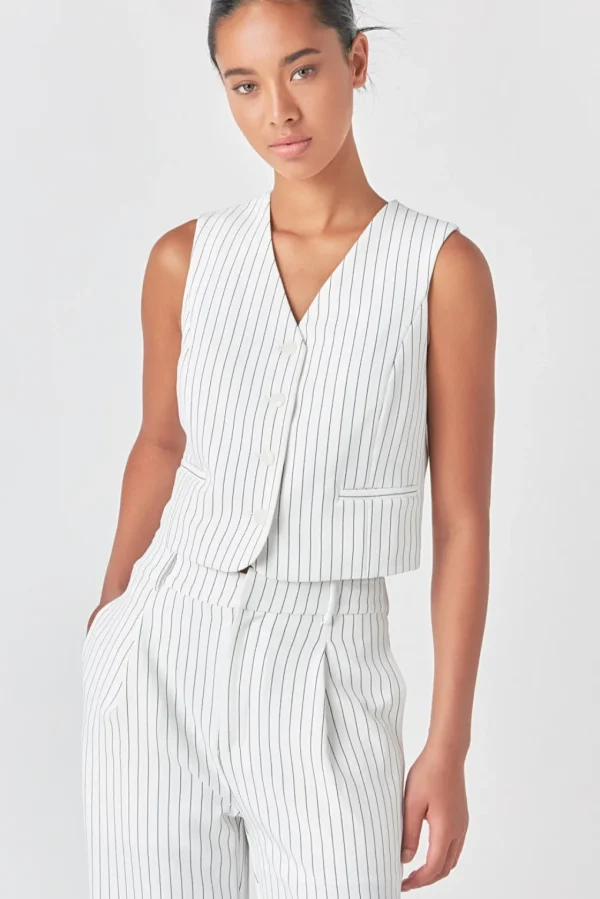 GREY LAB Vest | Tops*- Pinstrpied Vest with Welted Pocket WHITEBLACKSTRIPE