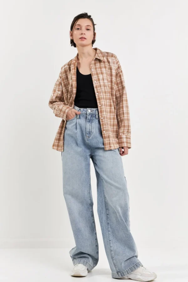 GREY LAB Tops*- Plaid Sequin Shirts TAN