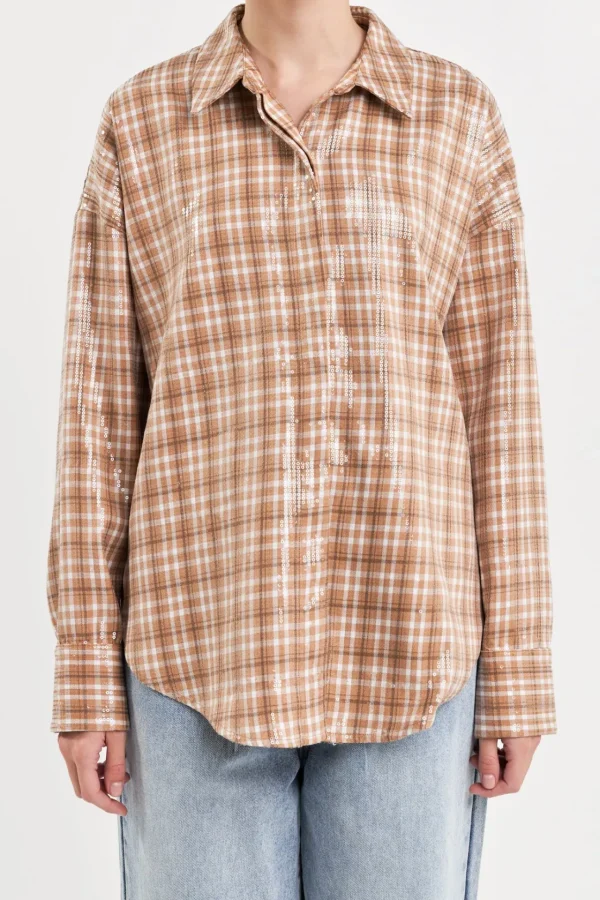 GREY LAB Tops*- Plaid Sequin Shirts TAN
