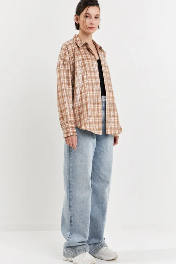 GREY LAB Tops*- Plaid Sequin Shirts TAN