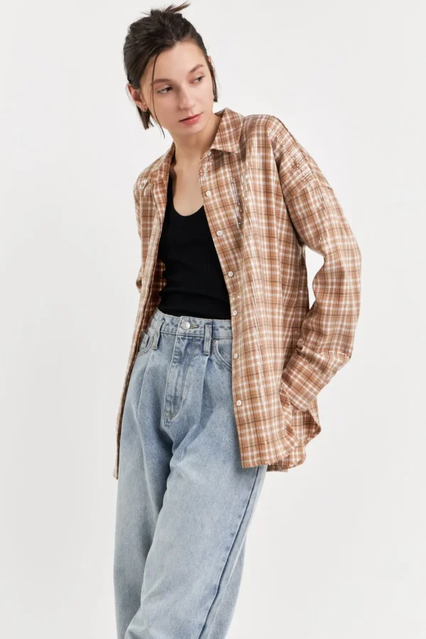 GREY LAB Tops*- Plaid Sequin Shirts TAN