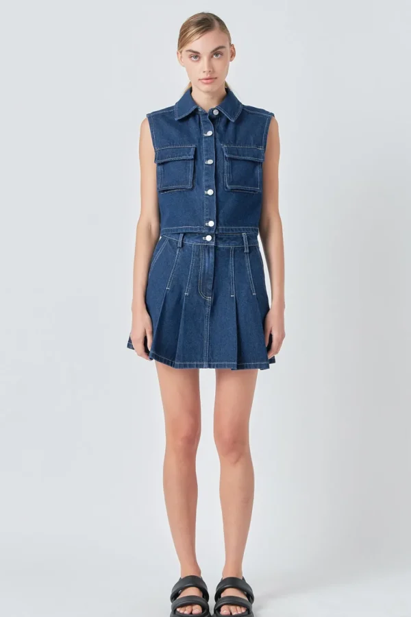 GREY LAB Denim | Skirts*- Pleated Denim Mini Skirt DARKNAVY