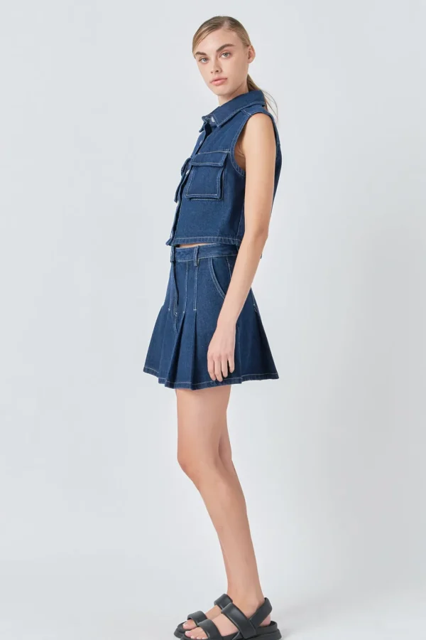 GREY LAB Denim | Skirts*- Pleated Denim Mini Skirt DARKNAVY