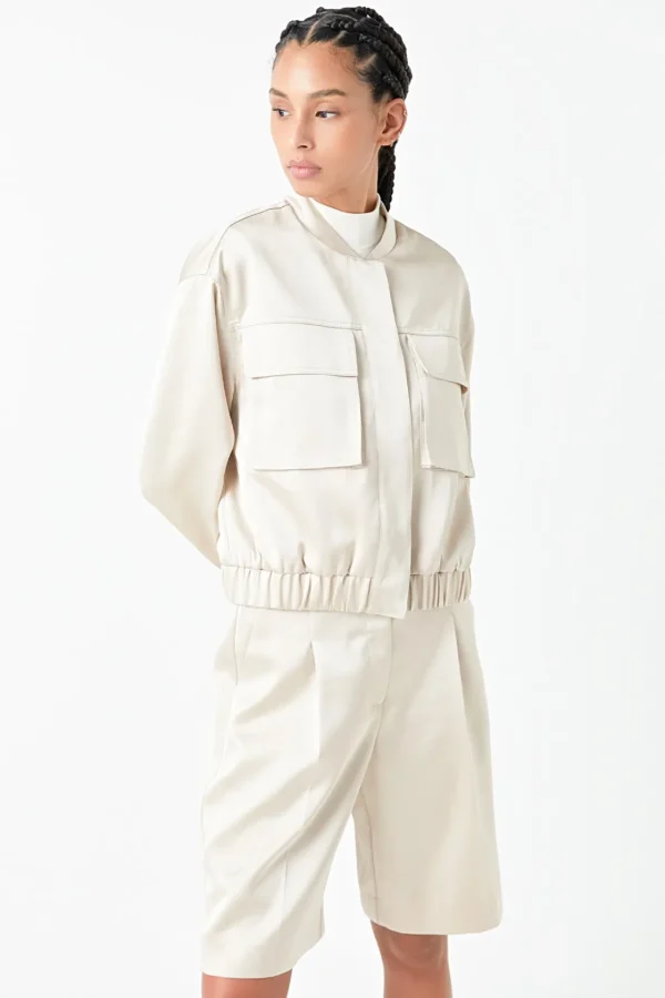 GREY LAB Jackets & Coats | Tops*- Pocket Satin Jacket CREAM