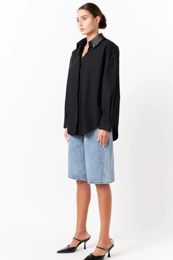 GREY LAB Shirts & Blouses | Tops*- Pu Collared Oversize Shirt BLACK