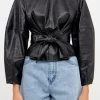 GREY LAB Tops*- Pu Top with Tie BLACK