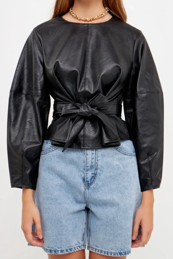GREY LAB Tops*- Pu Top with Tie BLACK