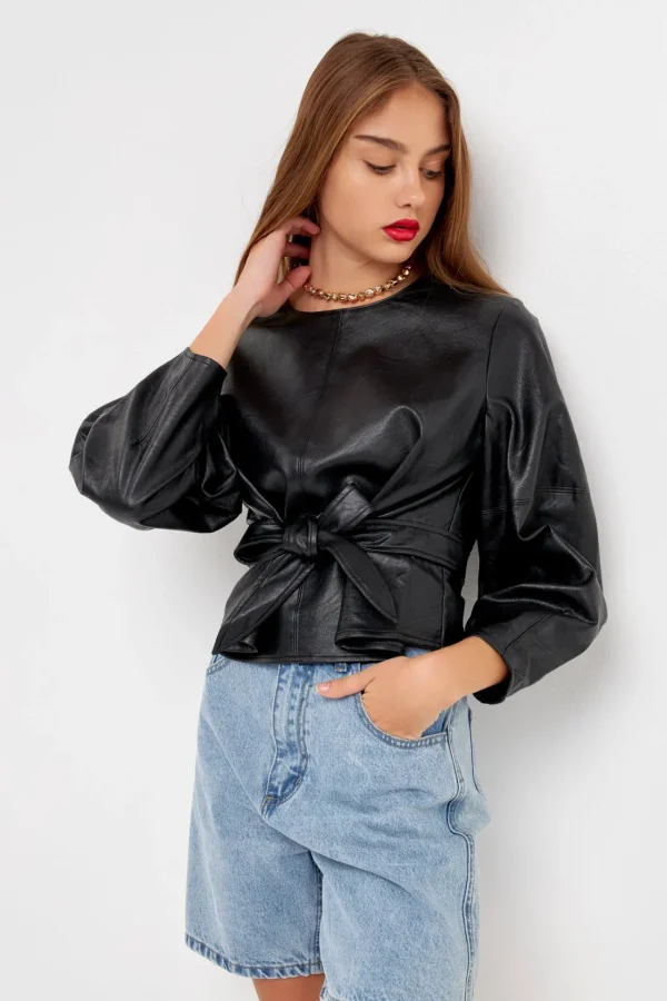 GREY LAB Tops*- Pu Top with Tie BLACK