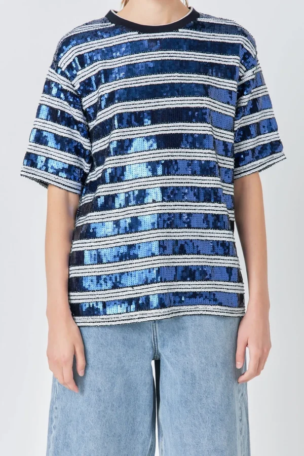 GREY LAB Tops*- Sequin Stripe Top WHITE/NAVY