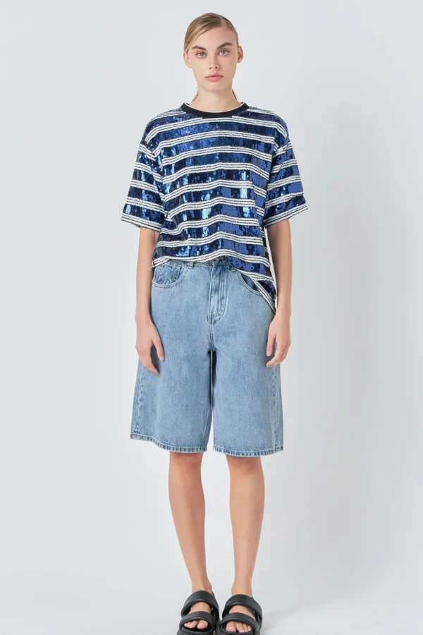 GREY LAB Tops*- Sequin Stripe Top WHITE/NAVY