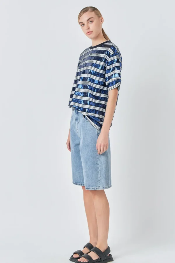 GREY LAB Tops*- Sequin Stripe Top WHITE/NAVY