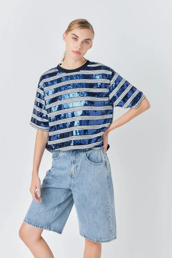 GREY LAB Tops*- Sequin Stripe Top WHITE/NAVY