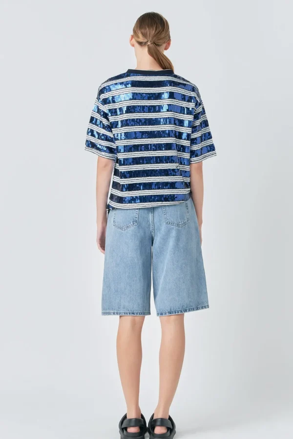 GREY LAB Tops*- Sequin Stripe Top WHITE/NAVY