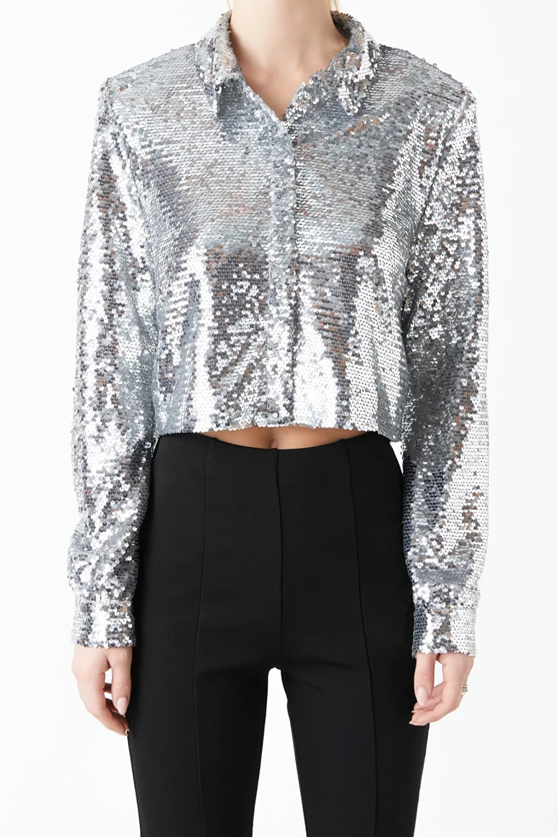 grey_lab__sequins_cropped_0.webp GREY LAB Matching Sets | Shirts & Blouses*- Sequins Cropped Shirt SILVER