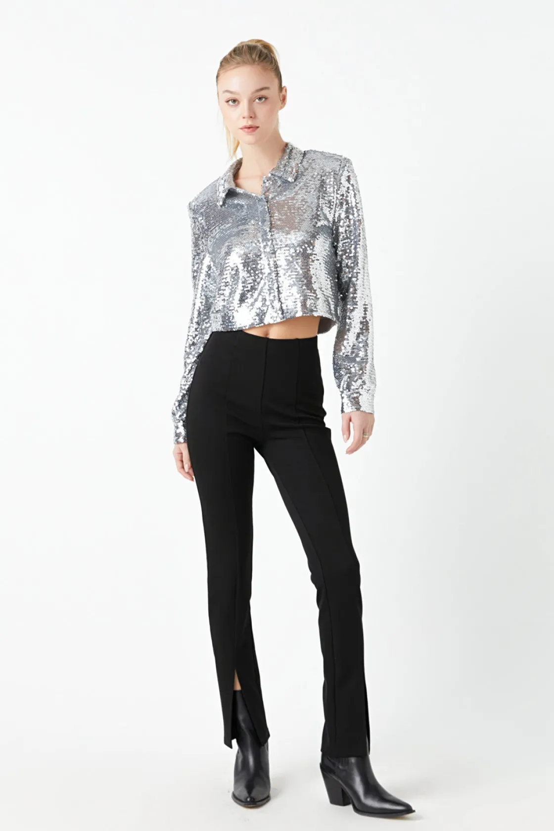 grey_lab__sequins_cropped_3.webp GREY LAB Matching Sets | Shirts & Blouses*- Sequins Cropped Shirt SILVER