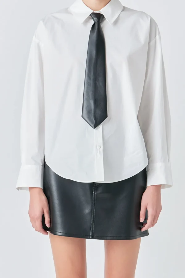 GREY LAB Shirts & Blouses | Tops*- Shirt with Faux Leather Necktie WHITE