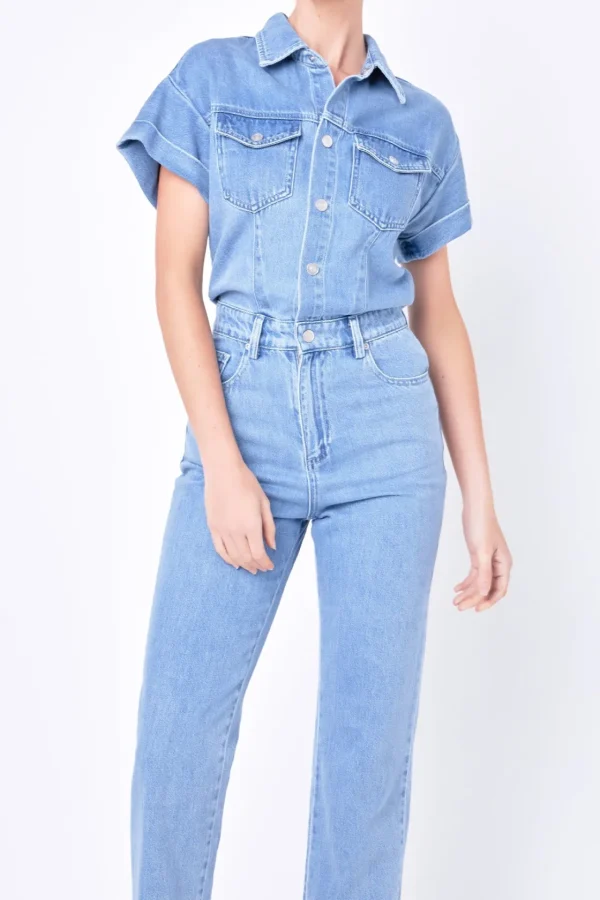 GREY LAB Denim*- Short Sleeve Denim Jumpsuit BLUE
