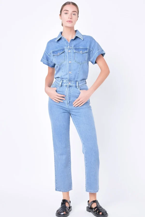GREY LAB Denim*- Short Sleeve Denim Jumpsuit BLUE