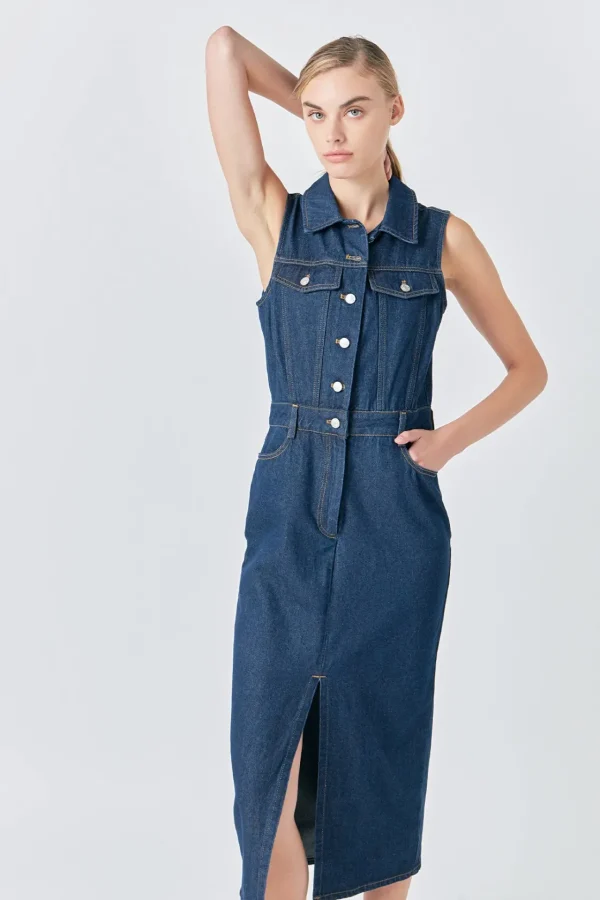GREY LAB Denim*- Sleeveless Maxi Denim Dress NAVY