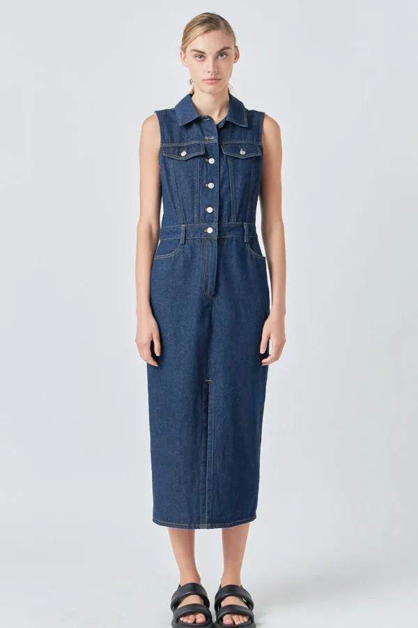 GREY LAB Denim*- Sleeveless Maxi Denim Dress NAVY