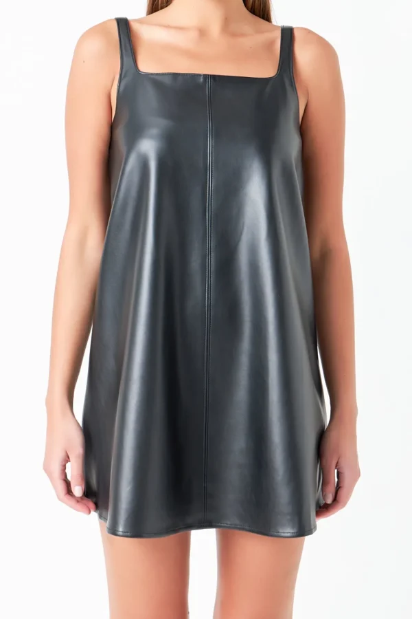 GREY LAB Leather Dresses | Strapless*- Square Neck A-Line Mini Dress BLACK