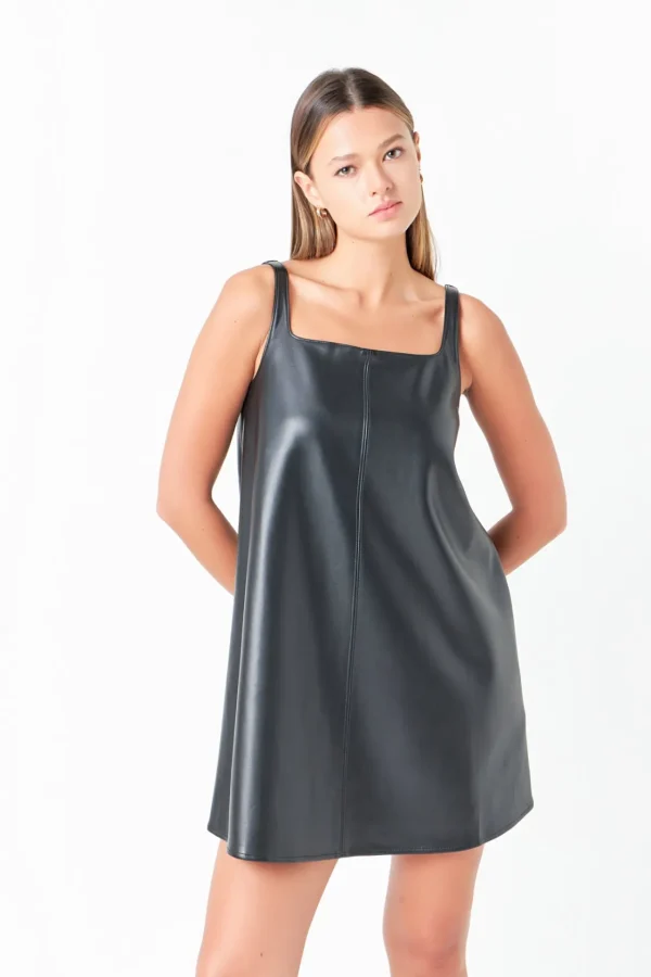 GREY LAB Leather Dresses | Strapless*- Square Neck A-Line Mini Dress BLACK