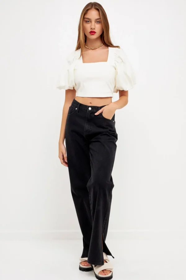 GREY LAB Tops*- Square neckline Puff Sleeve Stretch Fabric Top WHITE