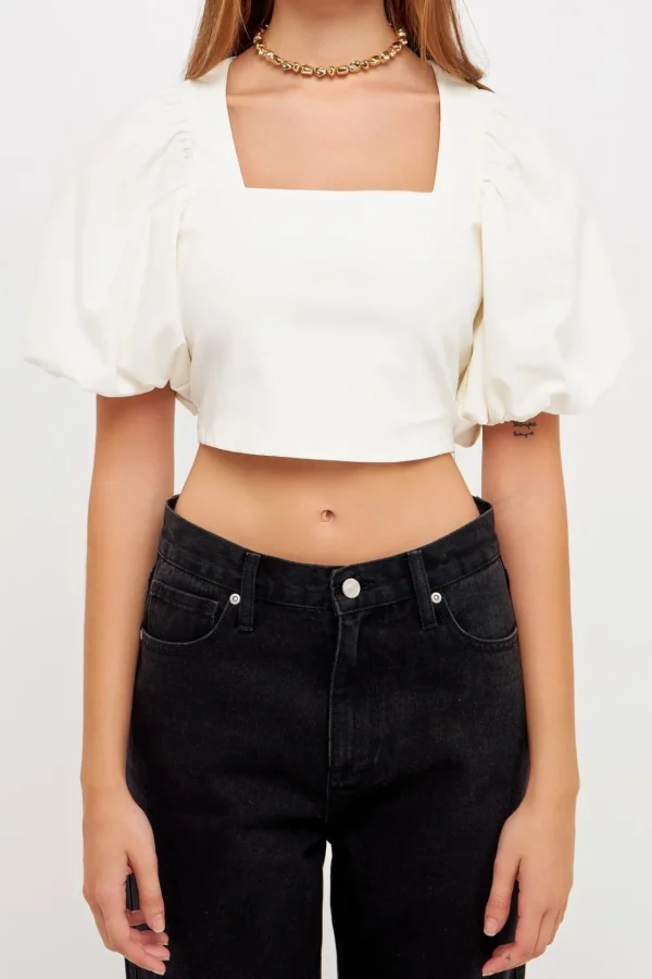 GREY LAB Tops*- Square neckline Puff Sleeve Stretch Fabric Top WHITE