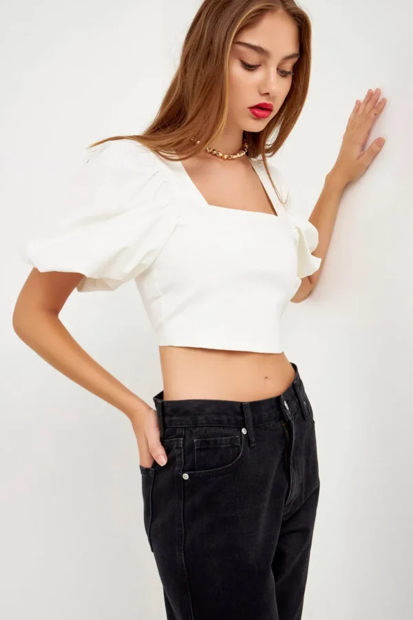 GREY LAB Tops*- Square neckline Puff Sleeve Stretch Fabric Top WHITE