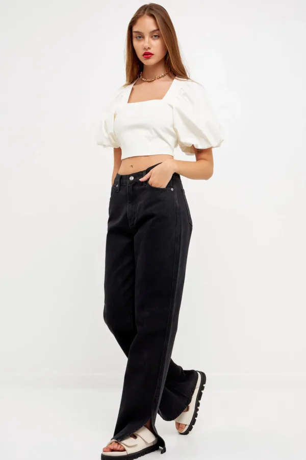 GREY LAB Tops*- Square neckline Puff Sleeve Stretch Fabric Top WHITE