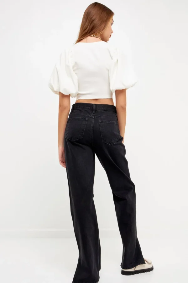 GREY LAB Tops*- Square neckline Puff Sleeve Stretch Fabric Top WHITE