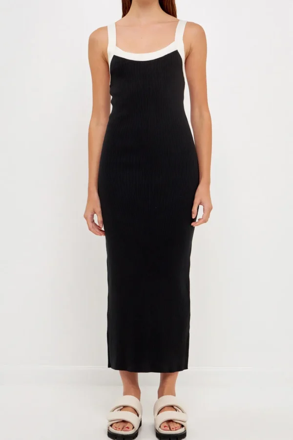 GREY LAB Tops*- Strap Contrast Solid Knit Midi Dress BLACK/WHITE