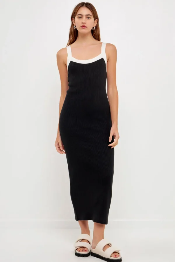 GREY LAB Tops*- Strap Contrast Solid Knit Midi Dress BLACK/WHITE