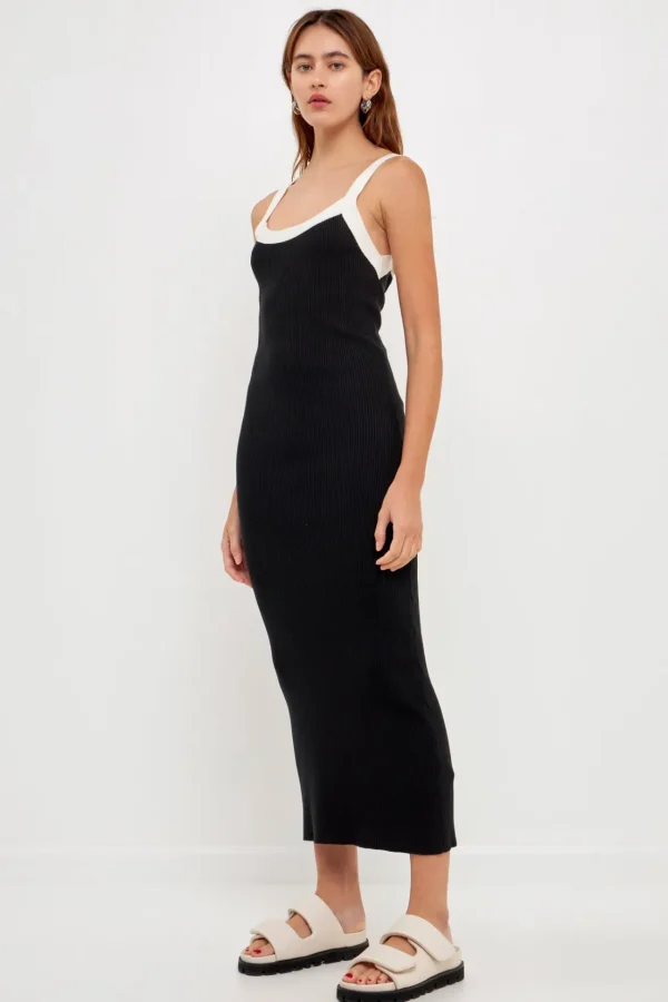 GREY LAB Tops*- Strap Contrast Solid Knit Midi Dress BLACK/WHITE