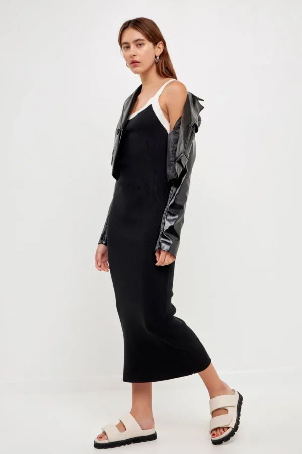 GREY LAB Tops*- Strap Contrast Solid Knit Midi Dress BLACK/WHITE