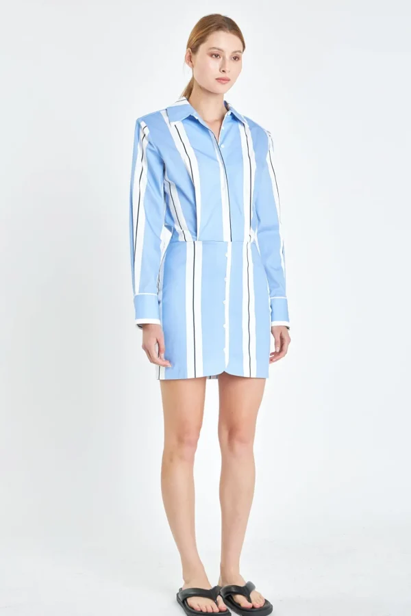 GREY LAB Tops*- Stripe Power Shoulder Mini Dress POWDERBLUE/WHITE