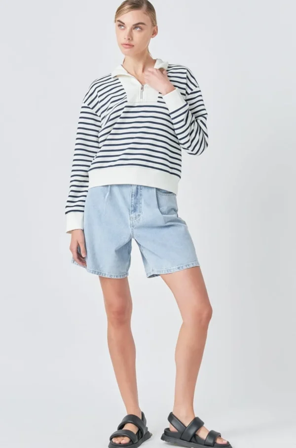 GREY LAB Tops*- Stripe Terry Sweatshirt WHITE/NAVY