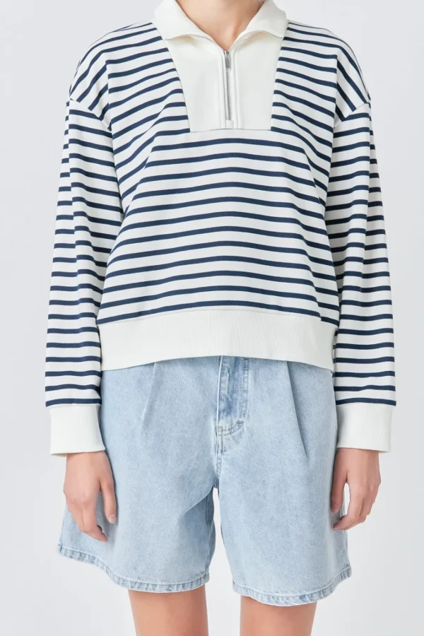 GREY LAB Tops*- Stripe Terry Sweatshirt WHITE/NAVY